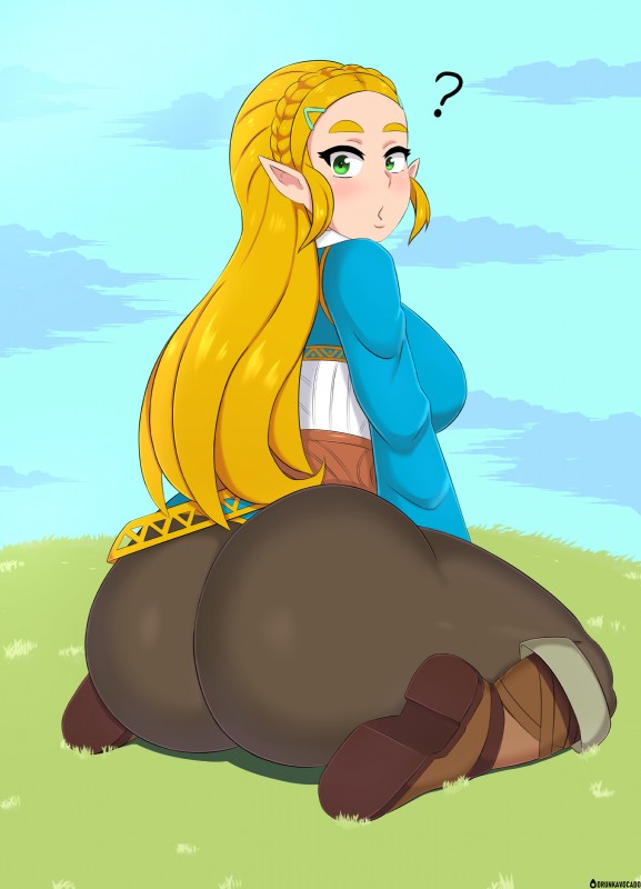 big_butt blonde_hair butt female grass green_eyes hair humanoid_pointy_ears looking_at_viewer looking_back not_furry outside plant pointy_ears sitting solo wariza white_body white_skin drunkavocado breath_of_the_wild nintendo the_legend_of_zelda princess_zelda elf humanoid hylian mammal absurd_res hi_res