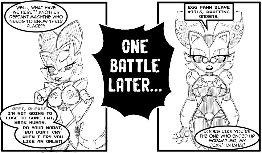 anthro before_and_after big_breasts breasts dialogue eyelashes eyewear female glasses half-closed_eyes joints machine mind_control narrowed_eyes slave solo speech_bubble text under_boob wearing_glasses chaoscroc eggman_empire eggman_logo sega sonic_the_hedgehog_(series) dr._tamago fan_character domestic_cat felid feline felis mammal robot 2023 english_text greyscale monochrome sketch