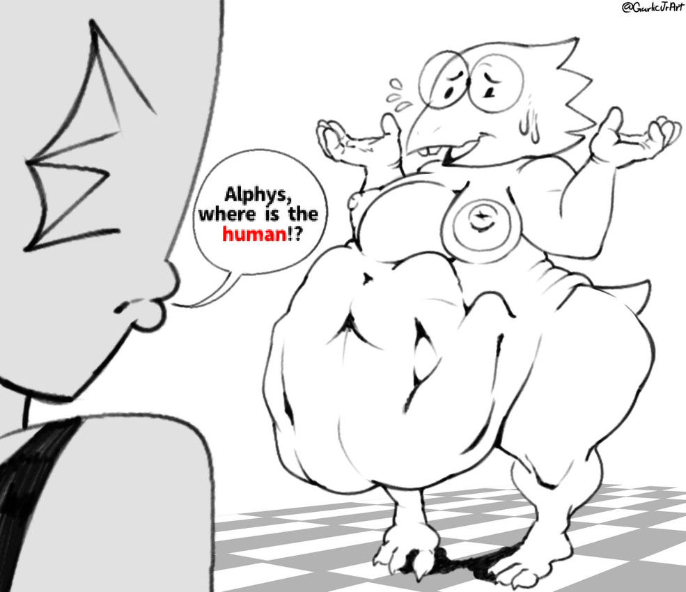 5_fingers abdominal_bulge after_vore ambiguous_gender ambiguous_prey anonymous_prey anthro anthro_pred belly big_belly black_clothing black_shirt black_tank_top black_text black_topwear bodily_fluids buckteeth canon_couple checkerboard_floor clothing duo ear_fins erect_nipples eyewear female female_pred fin fingers gesture glasses human_prey mouth_closed nervous nervous_smile nervous_sweat nipples non-mammal_nipples nude nude_female open_mouth pattern_floor red_text shadow shirt shrug side_view simple_background soft_vore standing sweat tank_top teeth text topwear vore white_background wide_hips garlicjrart undertale_(series) alphys undyne animal_humanoid fish fish_humanoid human humanoid lizard mammal marine marine_humanoid monster reptile scalie 2025 digital_drawing_(artwork) digital_media_(artwork) english_description english_text hi_res monochrome partially_colored signature