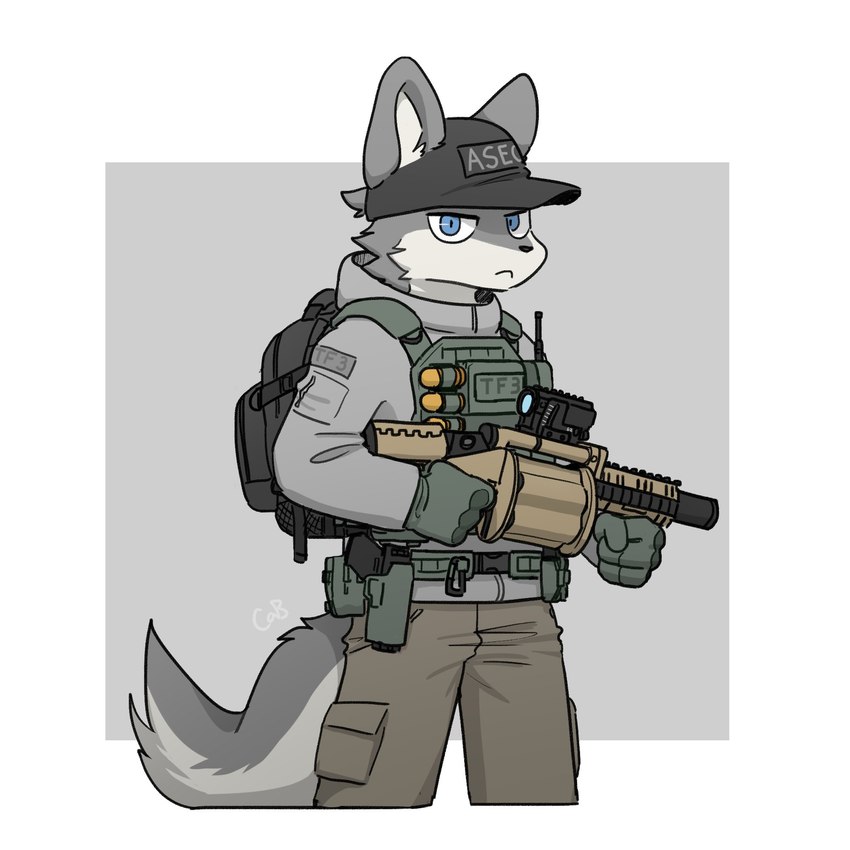 anthro backpack clothing furgonomics gloves grenade_launcher gun handwear hat headgear headwear male ranged_weapon simple_background solo standing topwear vest weapon carbine_wolf canid canine canis mammal wolf hi_res