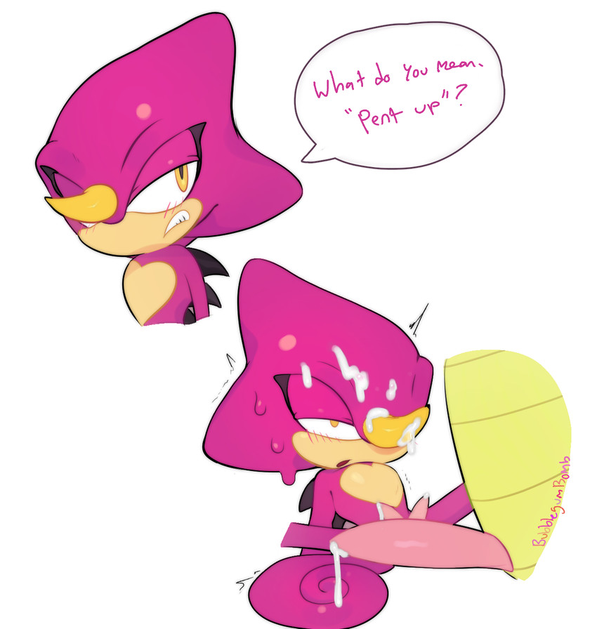 1_horn 2_penises animal_genitalia animal_penis anthro belly blush blush_lines bodily_fluids cum cum_on_face curled_tail duo erection facial_horn genital_fluids genitals hemipenes horn male male/male multi_genitalia multi_penis multicolored_body penis pink_penis pupils purple_body scales simple_background small_pupils solo_focus speech_bubble sweat sweatdrop tail tan_belly tan_muzzle teeth text two_tone_body white_background yellow_eyes yellow_horn bubblegumbomb sega sonic_the_hedgehog_(series) espio_the_chameleon vector_the_crocodile chameleon crocodilian lizard reptile scalie 2024 hi_res