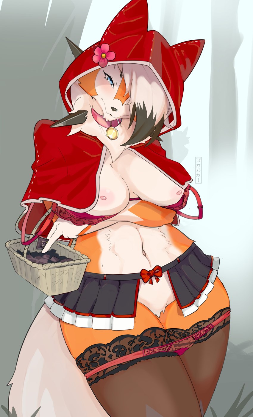 anthro arm_under_breasts basket bedroom_eyes big_breasts bottomless bottomwear breasts clothed clothing collar condom container costume crossed_arms featureless_crotch female female_anthro forest hair hair_over_eye hood kemono legwear narrowed_eyes neck_tuft nipples one_eye_obstructed outside panties panties_down partially_clothed plant seductive sexual_barrier_device skirt solo spikes standing stockings tree tuft underwear underwear_down unused_condom white_hair wrapped_condom skulkers fairy_tales little_red_riding_hood_(copyright) nintendo pokemon little_red_riding_hood canid dusk_lycanroc generation_7_pokemon lycanroc mammal pokemon_(species) absurd_res hi_res