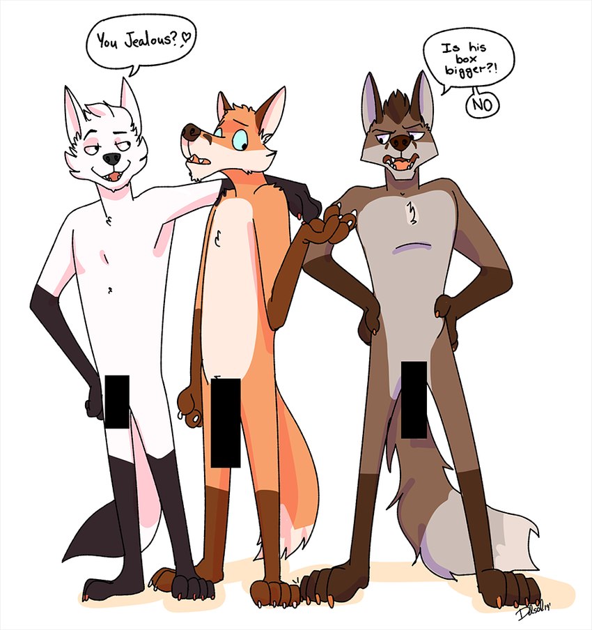 anthro arm_around_shoulders censor_bar chest_tuft dialogue group looking_at_another male mohawk nude paws speech_bubble standing tail text toony trio tuft delsol bruce_(delsol) henry_(delsol) redd_(delsol) arctic_fox canid canine fox mammal red_fox true_fox 2019 english_text signature