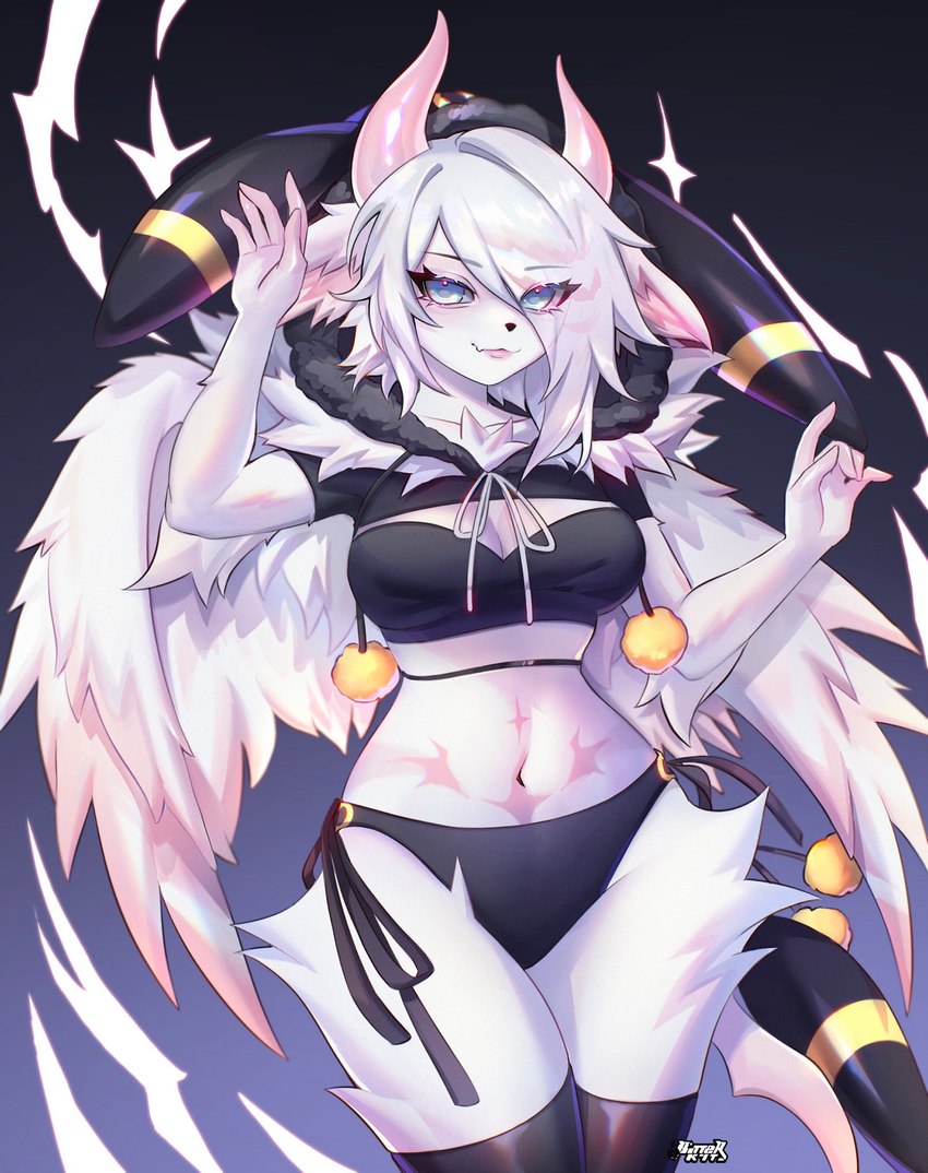 2_horns aegyo_sal anthro biped blue_eyes breasts chest_tuft clothing feathered_wings feathers female fur hair horn jelly_art_style kemono legwear lips looking_at_viewer navel pink_horn solo standing thigh_highs tuft white_body white_feathers white_fur white_hair white_wings wings bitterk4t 2024 digital_drawing_(artwork) digital_media_(artwork) hi_res portrait three-quarter_portrait