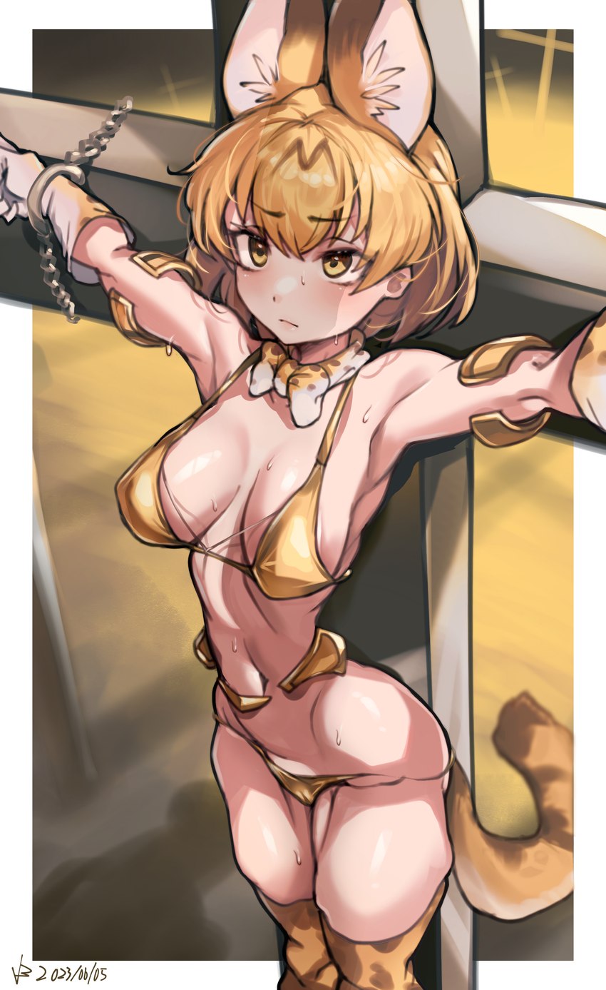 bikini bow_ribbon breasts chain clothed clothing crucifixion cuff_(restraint) female fur ipalpua legwear looking_at_viewer restraints shackles skimpy solo swimwear tail thigh_highs two-piece_swimsuit yellow_eyes iepelppa iparupua kemono_friends serval-chan humanoid absurd_res digital_drawing_(artwork) digital_media_(artwork) hi_res