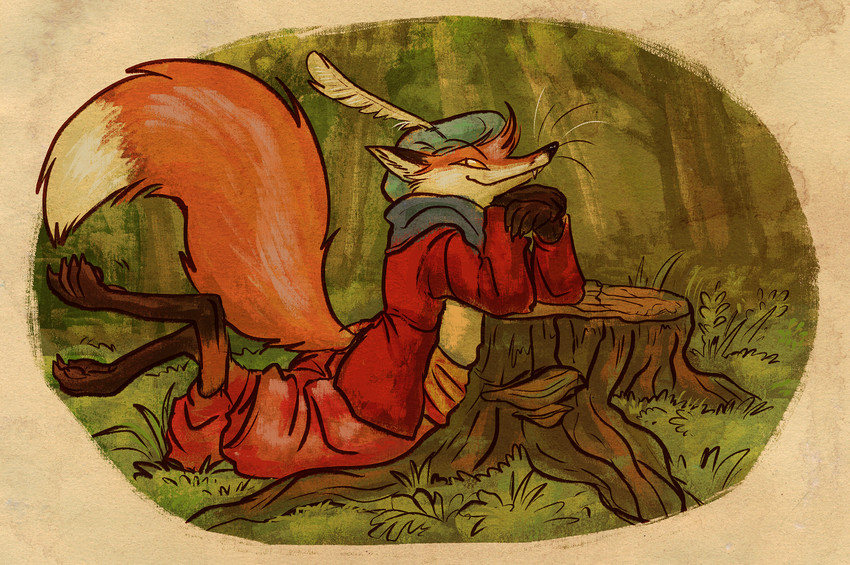 anthro barefoot clothed clothing feet forest fur hat headgear headwear leg_markings male markings medieval_clothing orange_body orange_fur outside plant raised_tail socks_(marking) solo tail tree tree_stump well_dressed whiskers yellow_eyes spoonfayse canid canine fox mammal red_fox true_fox