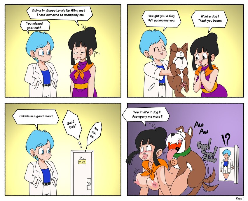 4_panel_comic ?! ahegao all_fours base_two_layout bestiality big_breasts black_hair blue_eyes blue_hair breasts brown_body brown_fur caught_in_the_act clothed clothing clothing_loss collar dialogue doggystyle door exclamation_point female female_penetrated feral feral_penetrating feral_penetrating_female feral_penetrating_human four_frame_grid four_frame_image from_behind_position fucked_silly fur green_collar grid_layout group hair hands_in_both_pockets hanging_sign human_on_feral human_penetrated humor interspecies looking_pleasured male male/female male_penetrating male_penetrating_female mostly_nude motion_lines motion_outline mounted_sign name_drop name_in_dialogue nipples nude onomatopoeia open_mouth open_smile path_lines penetration pockets polygonal_speech_bubble question_mark regular_grid_layout repeated_dialogue repeated_text sex sign smile sound_effects species_in_dialogue speech_bubble tail tail_motion tailwag text trio two_row_layout walk-in white_body white_skin unknown_artist dragon_ball dragon_ball_z bulma chichi canid canine canis domestic_dog human mammal comic english_text hi_res sequence