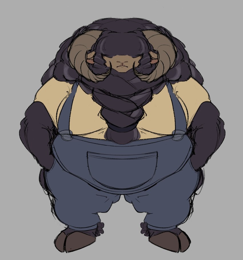 anthro black_body black_fur braided_mane clothing dark_body dark_skin fluffy fur greying_hair grumpy_face hair hair_over_eyes hand_in_pocket hands_in_both_pockets hooves horn male neck_tuft overalls overweight overweight_anthro overweight_male pockets shirt solo spiral_horn topwear tuft pough dragon_hilt bovid caprine mammal sheep absurd_res hi_res