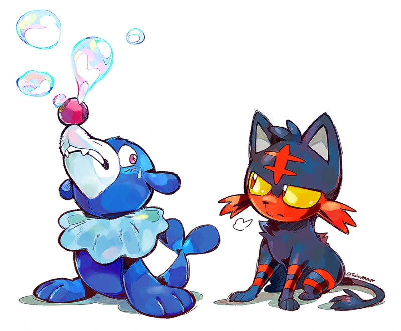 ambiguous_gender black_body black_fur blue_body bodily_fluids bubble duo feral fur humor nervous red_body red_fur simple_background sweat white_background super-tuler nintendo pokemon felid generation_7_pokemon litten mammal marine pinniped pokemon_(species) popplio 2016 2017