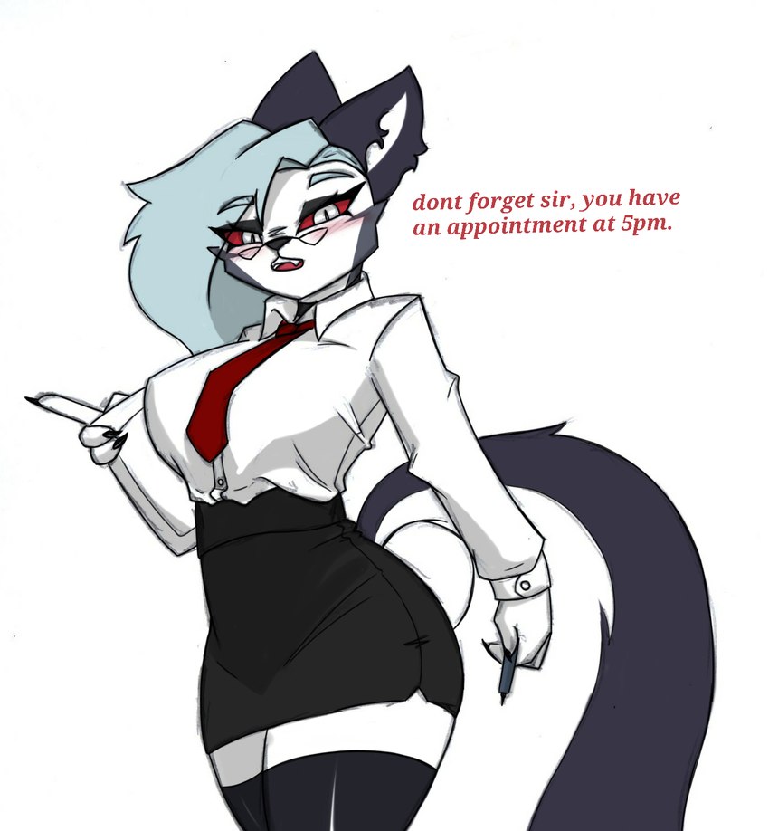 anthro big_breasts blush blush_lines breasts eyewear female fur glasses grey_body grey_fur grey_hair hair red_sclera secretary simple_background small_waist solo text thick_thighs white_background white_body white_eyes white_fur wide_hips pace-maker helluva_boss mythology loona_(helluva_boss) canid canid_demon canine demon hellhound mammal mythological_canine mythological_creature digital_media_(artwork) english_text hi_res