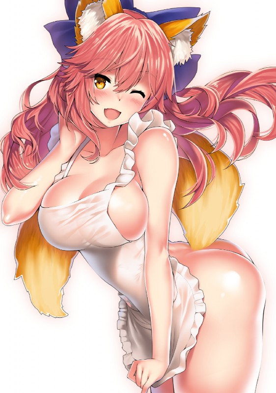 apron big_breasts blush breasts clothing female hair long_hair looking_at_viewer pink_hair solo yellow_eyes kawai fate_(series) type-moon caster_tamamo-no-mae animal_humanoid canid canid_humanoid canine canine_humanoid fox_humanoid humanoid mammal mammal_humanoid hi_res