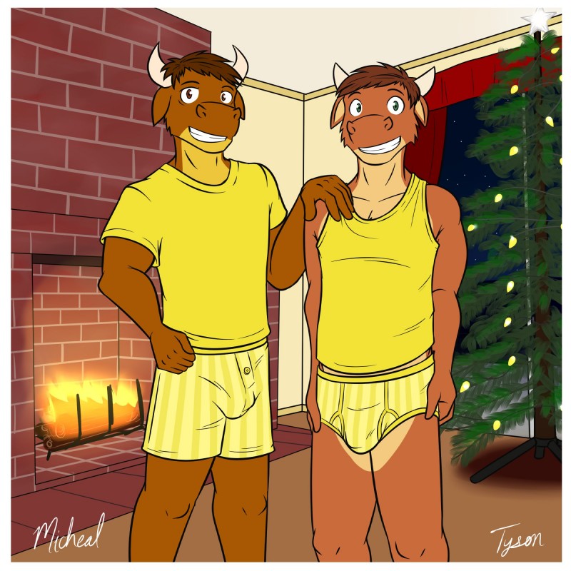 anthro boxers_(clothing) briefs bulge button_boxers button_underwear christmas_tree clothed clothing duo fire holidays horn male matching_clothing matching_underwear pattern_clothing pattern_underwear plant shirt striped_clothing striped_underwear stripes t-shirt tank_top topwear tree underwear fuze christmas texnatsu michael_conrad ty_conrad bovid bovine cattle mammal 1:1 hi_res father_(lore) father_and_child_(lore) father_and_son_(lore) parent_(lore) parent_and_child_(lore) parent_and_son_(lore) son_(lore)