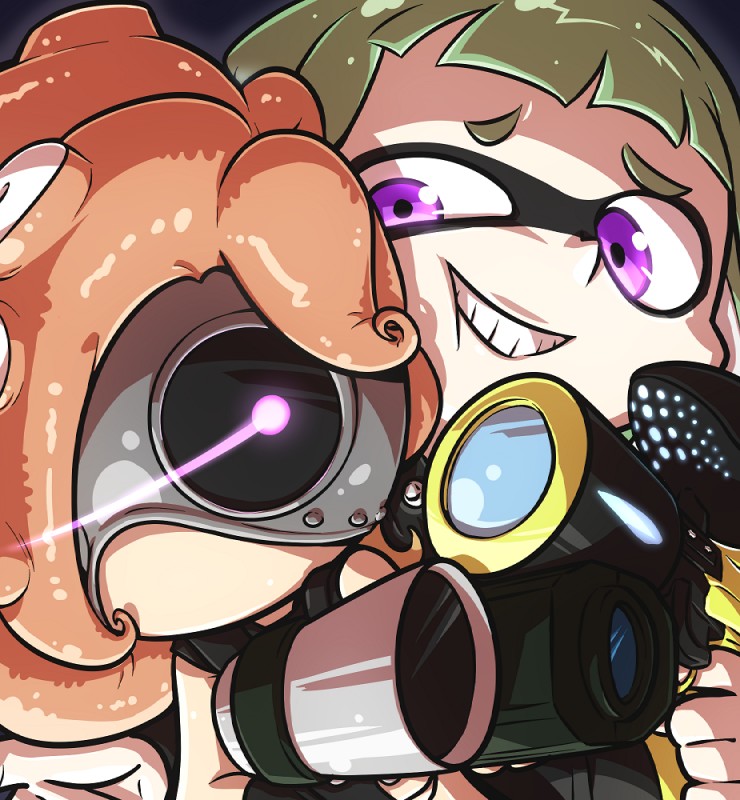 female green_eyes hero_shot octoshot pseudo_hair purple_eyes splattershot suction_cup tentacle_hair tentacles tokkyuu_mikan nintendo splatoon agent_3_(splatoon) animal_humanoid cephalopod cephalopod_humanoid humanoid inkling marine marine_humanoid mollusk mollusk_humanoid octarian octoling