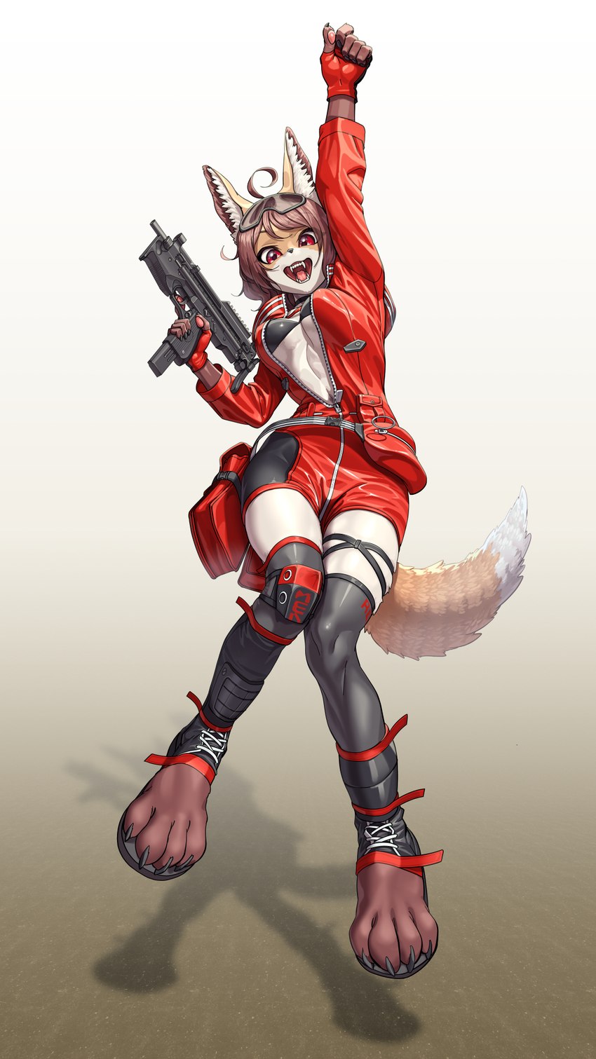 anthro breasts clothed clothing female fur gun hair jacket jumpsuit looking_at_viewer open_mouth orange_body orange_fur ranged_weapon red_clothing simple_background solo topwear weapon lyoung0j girls_frontline pm-06_(girls_frontline) canid canine canis fox mammal 9:16 digital_media_(artwork) hi_res