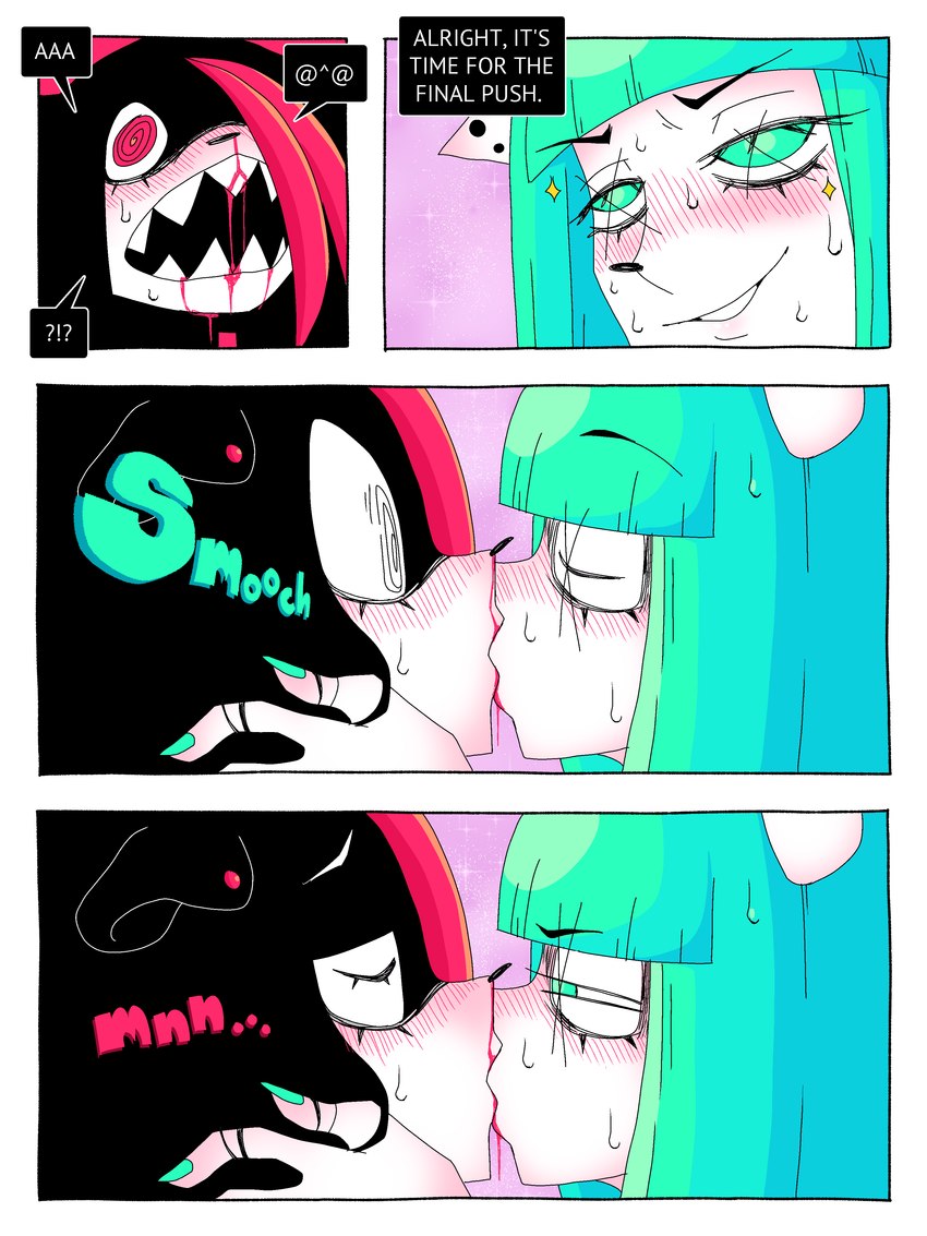 anthro blood blood_on_lips blue_eyes blue_hair blue_nails bodily_fluids colored_nails duo emoticon female female/female hair kiss_on_lips kissing nails nosebleed red_eyes red_hair sweat teeth ponporio the_disappearance_of_girl_a girl_a girl_b felid mammal 3:4 absurd_res comic hi_res
