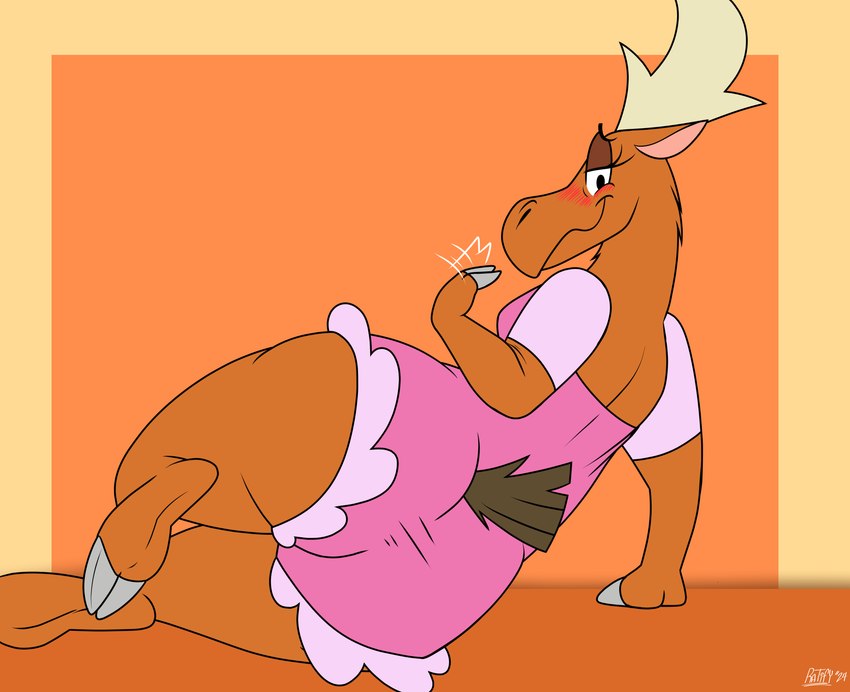 anthro antlers big_butt blush brown_body brown_fur butt butt_focus clothed clothing feet female fingers fur hooved_fingers hooved_toes hooves horn looking_at_viewer lying on_side overweight pink_clothing rear_view slightly_chubby smile solo tail text thick_thighs waiter waitress_uniform ratify cartoon_network johnny_bravo_(series) becky_(johnny_bravo) deer mammal moose new_world_deer absurd_res digital_media_(artwork) hi_res