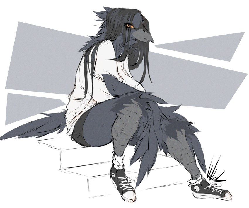 alternate_species anthro black_body black_feathers black_hair bottomwear cheek_tuft clothing converse_shoes criss_cross_laces facial_tuft feathered_wings feathers female grey_body grey_scales hair half-closed_eyes hotpants narrowed_eyes neck_tuft orange_sclera scales shirt shorts solo t-shirt topwear tuft winged_arms wings dullvivid converse lara_ravencroft avian bird corvid corvus_(genus) oscine passerine raven 2025 hi_res