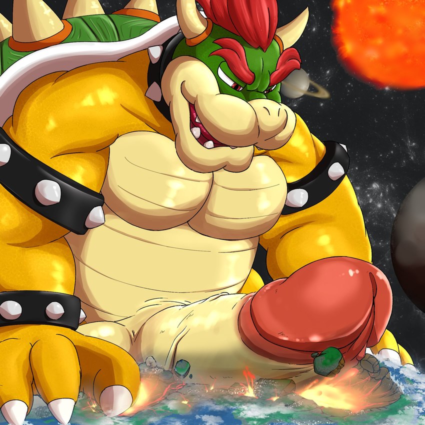 2_horns anthro balls big_penis biped destruction erection genitals glans horn humanoid_genitalia humanoid_penis macro male muscular muscular_anthro muscular_male penis planet_destruction planet_penetrated solo vein veiny_penis mfive_(artist) mario_bros nintendo bowser koopa scalie 1:1 hi_res