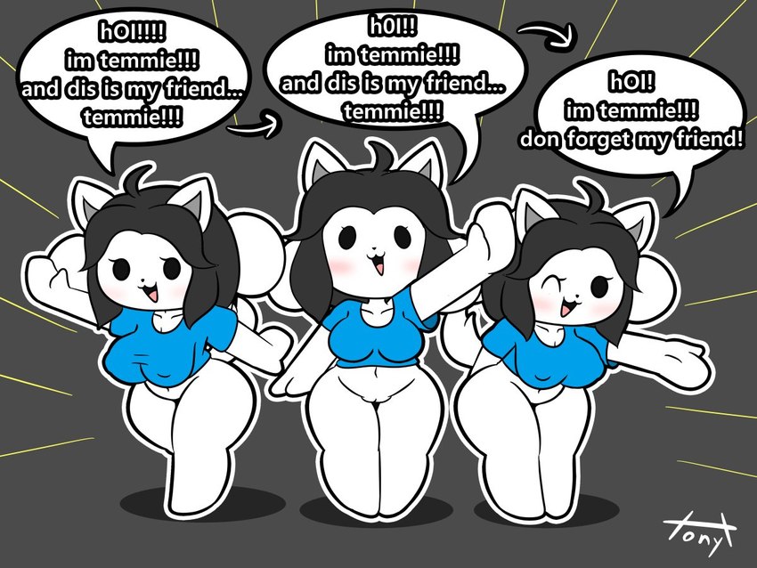 anthro bottomless clothed clothing dialogue female genitals group pussy trio tonytoran undertale undertale_(series) tem 4:3