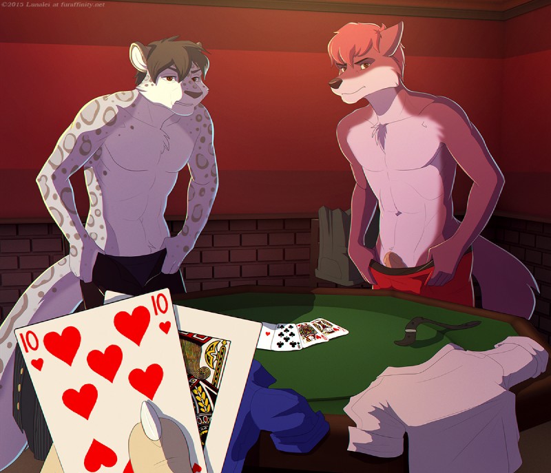 anthro arms_bent boxer_briefs card card_game clothed clothing clothing_pull clubs_(suit) discarded_clothing eight_of_clubs embarrassed erection gambling gaming genitals group heart_symbol hearts_(suit) holding_card holding_object humanoid_genitalia humanoid_penis jack_of_hearts king_of_hearts looking_at_viewer male number penis penis_poking_out playing_card poker poker_table queen_of_hearts_(card) royal_flush standing strip_poker suit_symbol tail ten_of_hearts topless underwear underwear_pull undressing lunalei adrian_(firewolf) novus canid canine canis felid leopard mammal pantherine snow_leopard wolf 2015