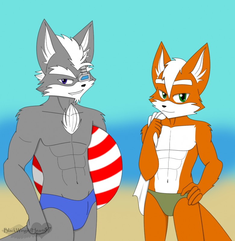 anthro beach clothing detailed_background duo male outside sand seaside speedo swimwear blackwingedheart87 nintendo star_fox fox_mccloud wolf_o'donnell canid canine canis fox mammal wolf hi_res