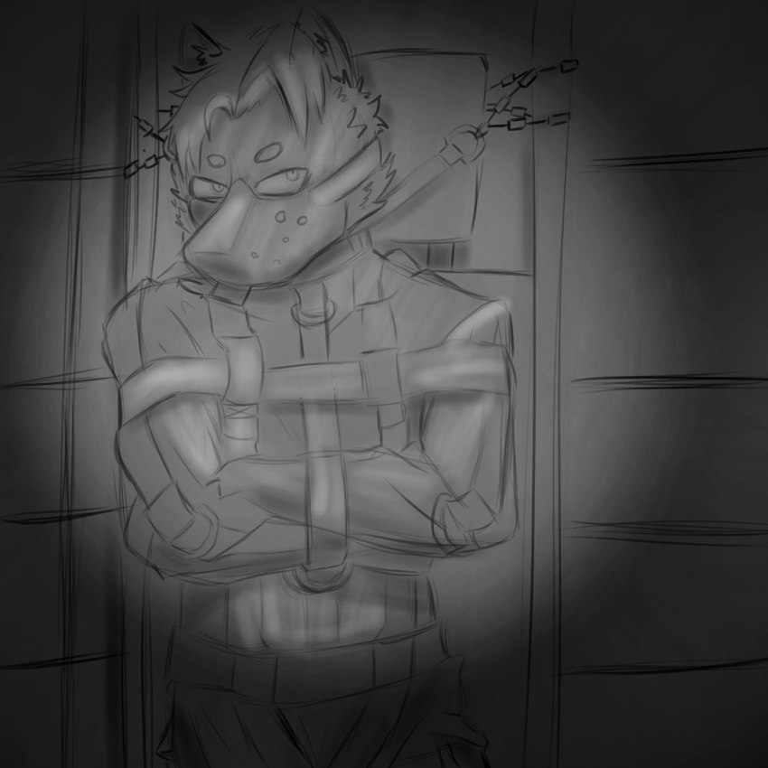 anthro belt bound chain looking_at_viewer male medical_restraints mental_patient muzzle_(object) muzzled padded_walls restraints solo straitjacket templar_ponyboy canid canine mammal 1:1 hi_res monochrome