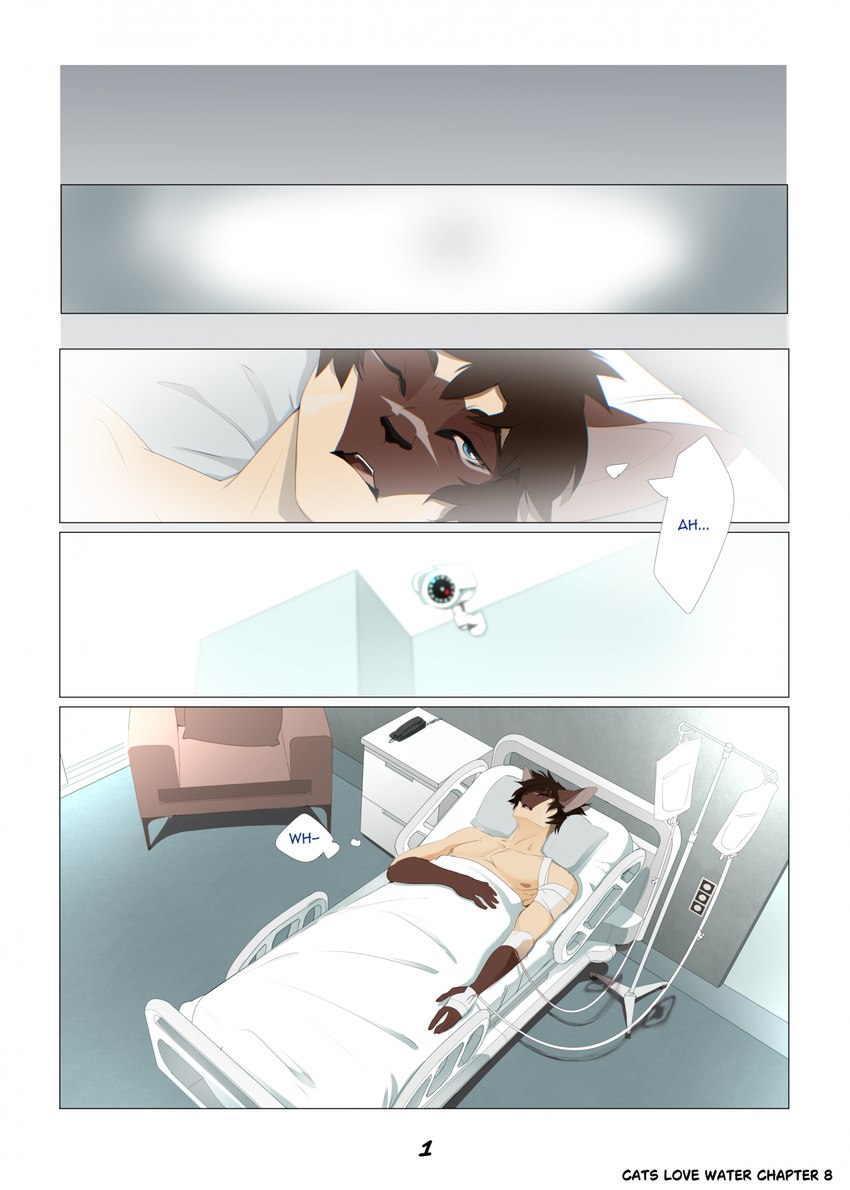 5_fingers anthro bandage bed brown_hair fingers furniture hair hospital_bed intravenous_drip male one_eye_closed pillow solo text peritian celio_(peritian) domestic_cat felid feline felis mammal siamese comic english_text hi_res