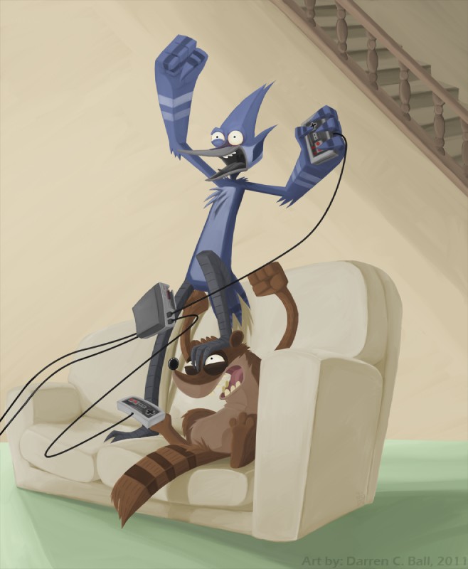 3_toes anthro arms_bent avian_feet beak blue_body blue_feathers brown_body brown_fur chest_tuft controller cord curved_arms duo electronics feathers feet fur furniture game_console game_controller happy holding_controller holding_game_controller holding_object inside male nes_console nes_controller nintendo_console nintendo_controller open_mouth paws raised_arms raised_hand retro_console retro_controller sitting sofa stairs standing tail tail_feathers teeth toes tongue toothed_beak tuft wire wired_controller d6016 cartoon_network nintendo nintendo_entertainment_system regular_show mordecai_(regular_show) rigby_(regular_show) avian bird blue_jay corvid jay_(bird) mammal new_world_jay oscine passerine procyonid raccoon 2011 hi_res