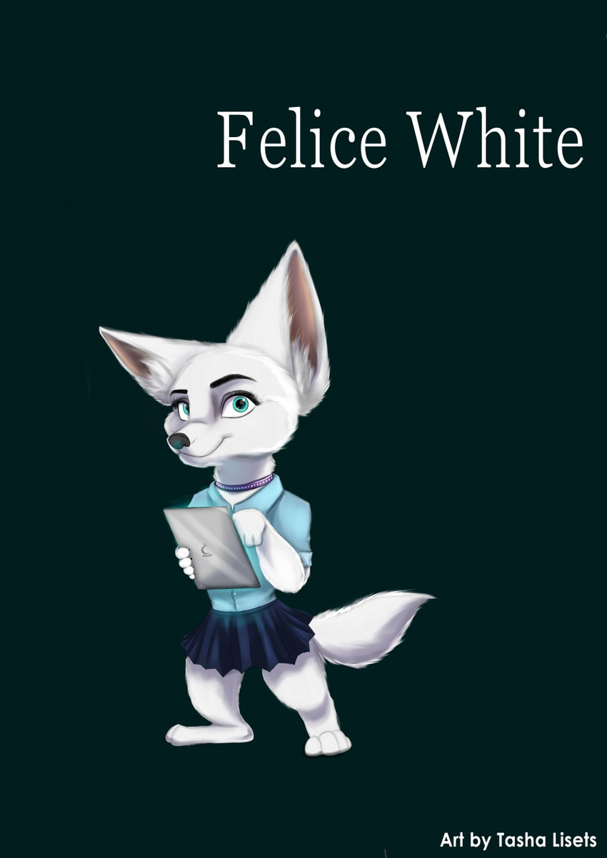 anthro clothed clothing female fluffy fluffy_tail fur holding_object simple_background smile solo tail text white_body white_fur tashalisets canid canine fox mammal hi_res