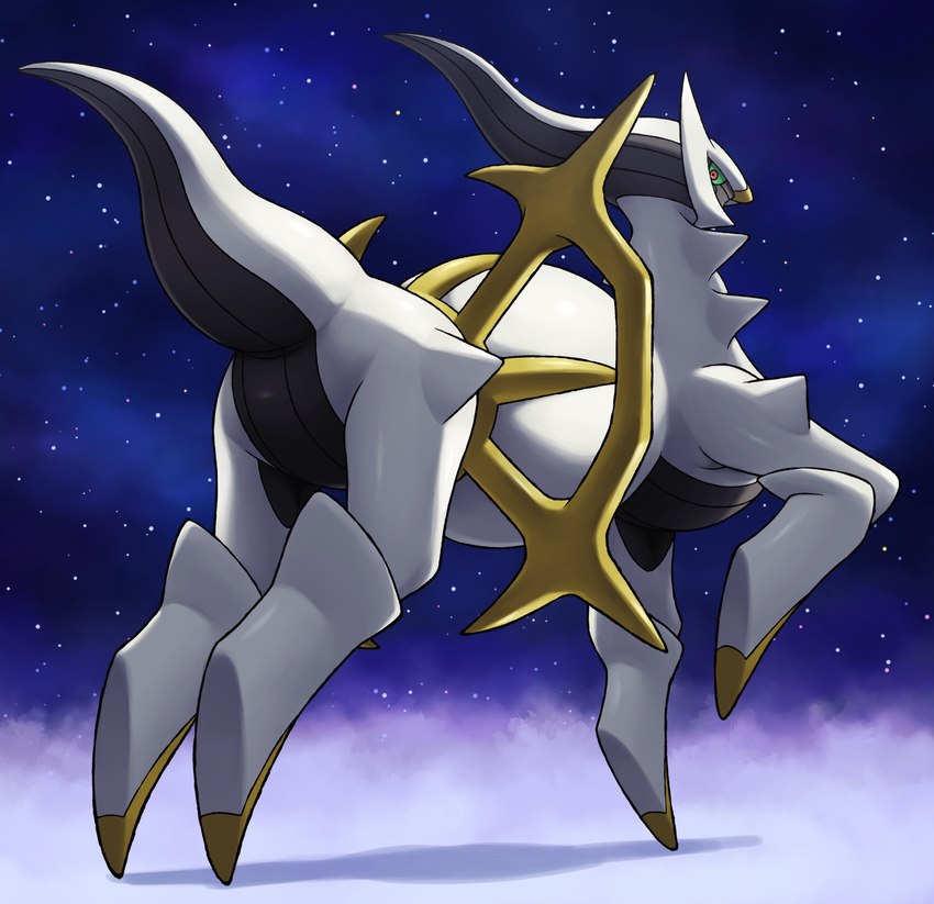 ambiguous_gender butt featureless_crotch feral green_sclera looking_back raised_leg red_eyes solo space star tail white_body on_ice_(artist) nintendo pokemon arceus generation_4_pokemon legendary_pokemon pokemon_(species) absurd_res hi_res