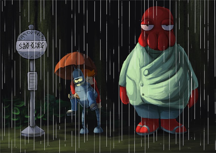 clothing group hair jacket machine male orange_hair outside parody raining red_clothing red_jacket red_topwear topwear trio foxeaf comedy_central futurama ghibli my_neighbor_totoro totoro_bus_stop bender_bending_rodríguez doctor_zoidberg philip_j._fry alien arthropod crustacean decapodian_(futurama) human mammal marine robot