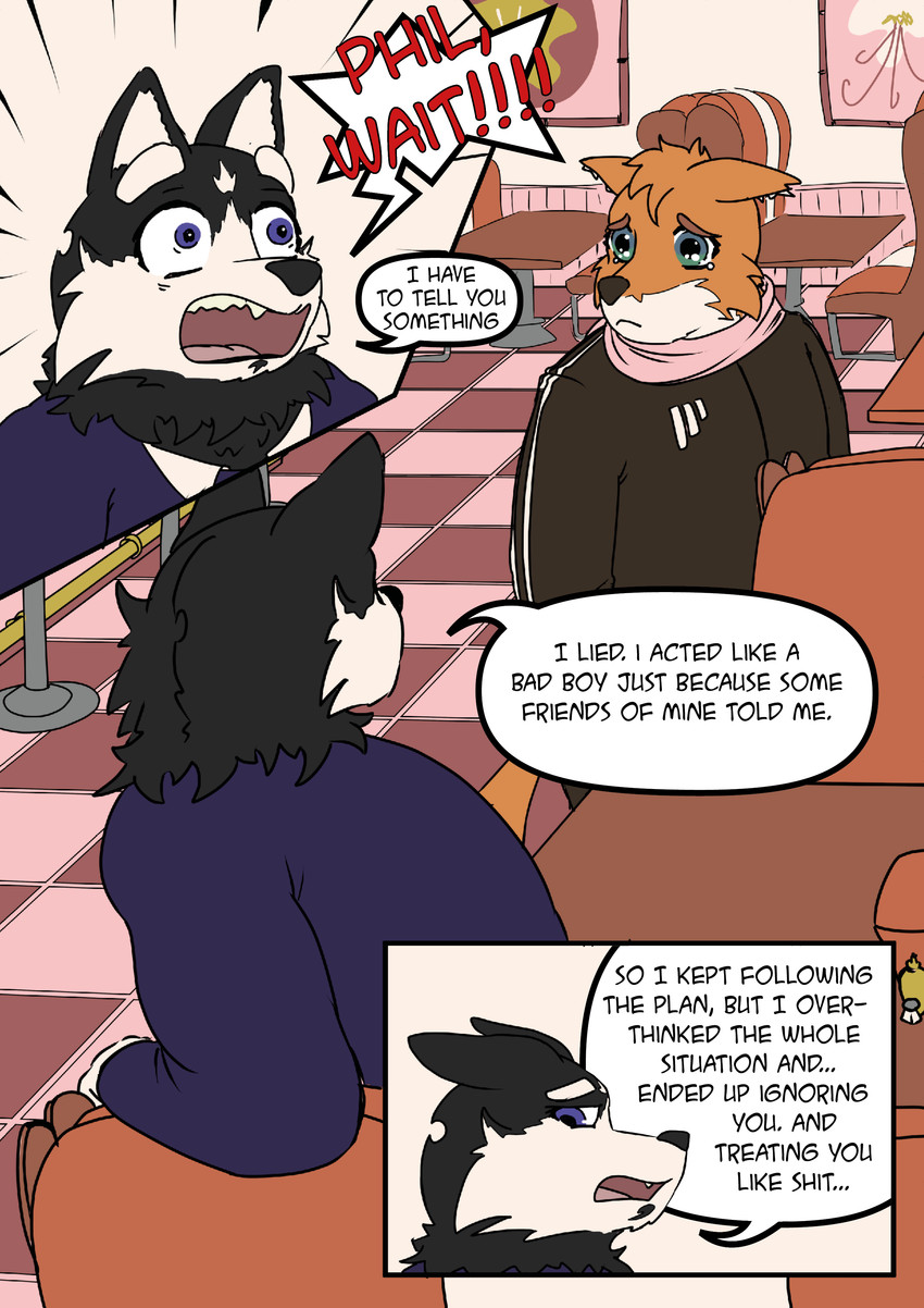 anthro dating dialogue diner duo love male male/male restaurant romantic romantic_ambiance romantic_couple speech_bubble text sagilmito canid canine canis domestic_dog fox husky mammal nordic_sled_dog spitz absurd_res comic english_text hi_res story