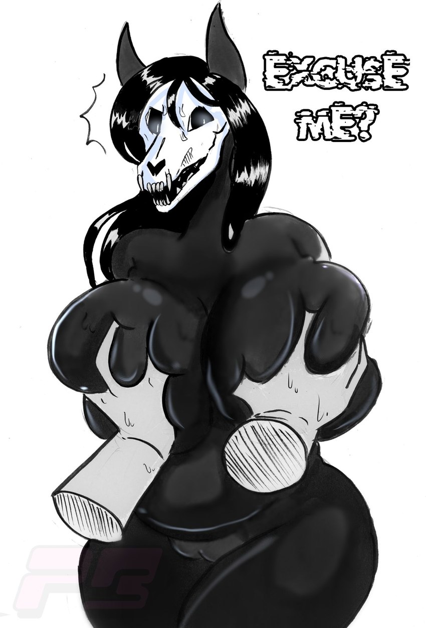 anthro big_breasts black_body black_hair bone breast_grab breasts dialogue disembodied_hand duo emanata female genitals glowing glowing_eyes hair hand_on_breast huge_breasts nude pussy skull skull_head solo_focus thick_thighs white_eyes wide_hips ratnytez scp_foundation scp-1471-a canid canine malo mammal hi_res