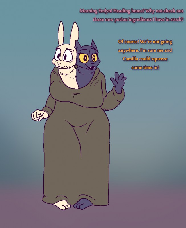 2_heads anthro big_breasts breasts clock clothing conjoined duo female magic multi_head outside public split_personality stuck_together watch theyton domestic_cat felid feline felis lagomorph leporid mammal rabbit digital_media_(artwork)