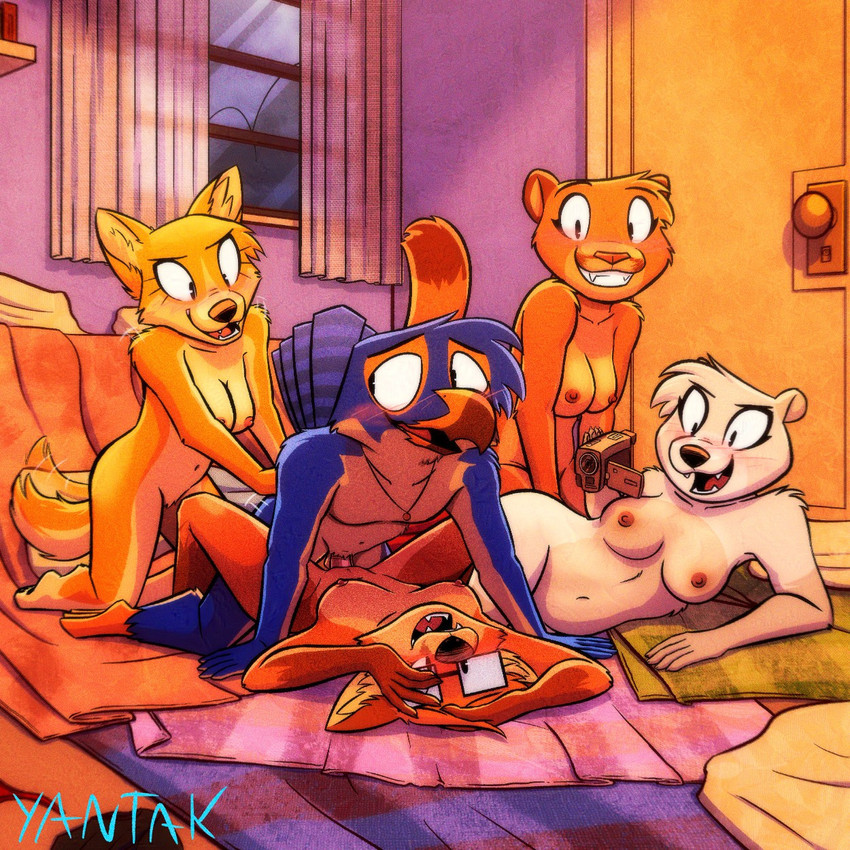 anthro anthro_on_anthro anthro_penetrated anthro_penetrating anthro_penetrating_anthro areola assisted_sex beak bedding blanket blue_body blue_feathers blush breasts brown_body brown_fur camera cheek_tuft condom crotch_tuft cuckquean dipstick_tail eyewear facial_tuft fangs feathers female female_penetrated from_front_position fur genitals glasses gloves_(marking) group group_sex hair happy happy_sex inside jewelry kneeling leg_markings lying male male/female male_penetrating male_penetrating_female markings medium_breasts missionary_position navel nipples nude on_back on_side open_mouth orange_body orange_fur pendant pendant_only penetration penile penile_penetration penis_in_vagina plantigrade recording red_body red_fur safe_sex sex sexual_barrier_device short_hair smile socks_(marking) tail tail_feathers tail_markings teeth tuft vaginal vaginal_penetration vulva wearing_condom white_body white_feathers white_fur yantak avian bear bird canid canine cougar felid feline fox mammal polar_bear red_fox true_fox ursine 1:1 colored hi_res
