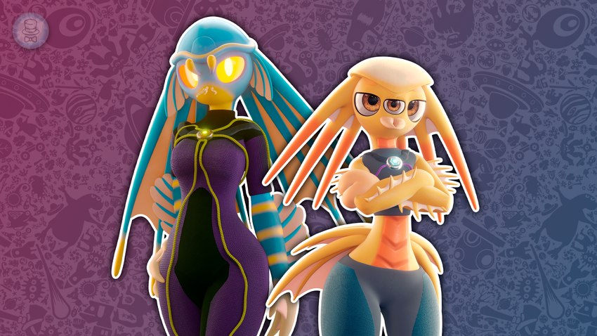 3_eyes 3_fingers antennae_(anatomy) anthro arm_fin biped black_clothing blue_body blue_clothing breast_outline breasts butt_fin cilia clothing countershade_scales countershade_torso countershading crop_top crossed_arms curvy_female duo ear_fins female fin fin_hair fingers glowing glowing_eyes grey_clothing hand_on_leg hand_on_thigh looking_at_viewer mandibles midriff multi_eye narrow_shoulders non-mammal_breasts orange_body orange_eyes orange_scales pattern_background pseudo_hair pupils purple_clothing scales serious_face shell shirt simple_background skinsuit slim_female slit_pupils small_waist striped_arms thick_thighs tight_clothing topwear wide_hips yellow_body yellow_scales yellow_sclera mrlarions electronic_arts maxis_(ea) spore_(game) amphibriella andita alien alien_humanoid humanoid marine 16:9 2024 3d_(artwork) digital_media_(artwork) hi_res widescreen