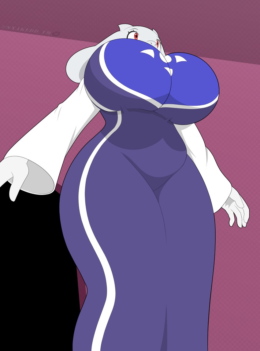 anthro big_breasts breasts clothing delta_rune_(emblem) dress eyelashes female floppy_ears fur horn huge_breasts lop_ears low-angle_view purple_background purple_clothing purple_dress red_eyes simple_background solo symbol symbol_on_clothing thick_thighs white_body white_fur white_horn white_sleeves wide_hips snakebd undertale undertale_(series) toriel boss_monster_(undertale) bovid caprine goat mammal hi_res