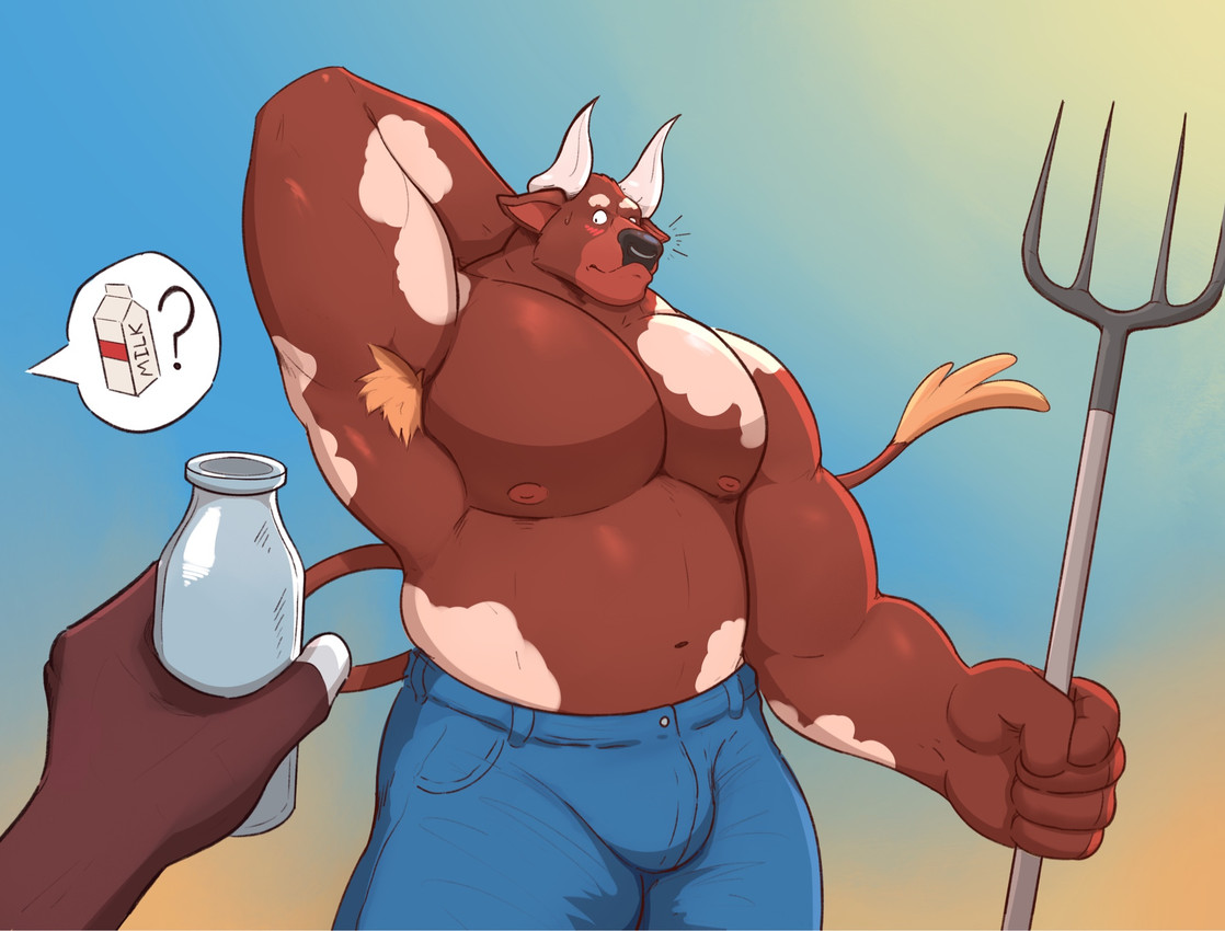 2_horns 5_fingers ambiguous_gender anthro areola armpit_hair asking barazoku biceps big_hands big_muscles big_pecs biped blue_bottomwear blue_clothing blue_jeans blue_pants blurred_background blush bodily_fluids body_hair bottle bottomwear brown_body brown_fur bulge clothed clothed_anthro clothed_male clothing container denim denim_bottomwear denim_clothing duo faceless_ambiguous faceless_character facial_piercing fingers fur hand_behind_head holding_bottle holding_container holding_object holding_pitchfork holding_tool horn huge_muscles humanoid_hands jeans looking_aside looking_at_another male male_anthro male_focus manly markings mouth_closed multicolored_body multicolored_fur muscular muscular_anthro muscular_male navel nervous nervous_smile nervous_sweat nipples nose_piercing nose_ring pants pecs piercing pitchfork question_mark ring_piercing solo_focus spots spotted_body spotted_fur standing sweat sweatdrop tail text three-quarter_view tools topless topless_anthro topless_male white_body white_fur white_horn dullaram ambiguous_species bovid bovine cattle mammal digital_media_(artwork) english_text hi_res pictographics shaded