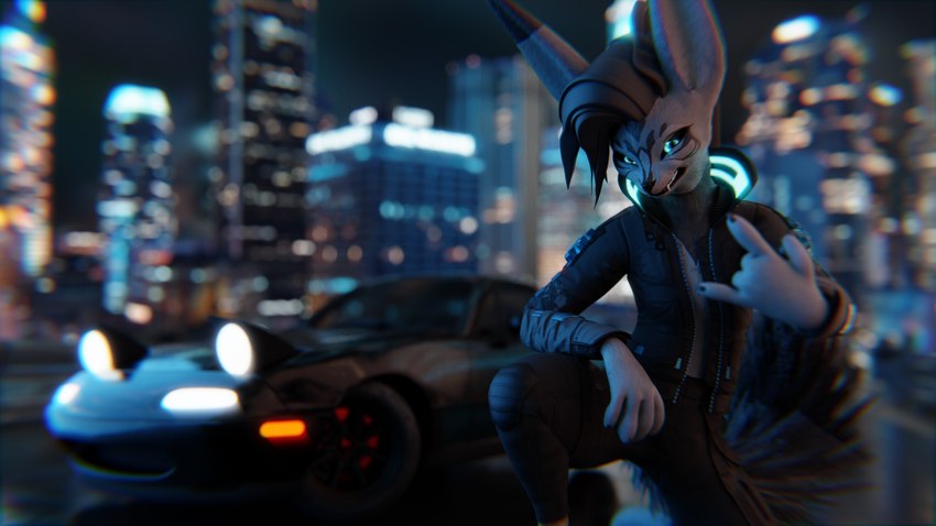 anthro car city city_background cityscape clothed clothing cyberpunk growling kneeling long_ears male motor_vehicle solo vehicle itsfloofy mazda mazda_miata canid canine canis fox mammal rexouium wolf 16:9 3d_(artwork) 4k absurd_res digital_media_(artwork) hi_res widescreen