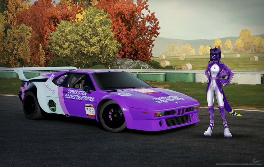 anthro armor breasts car clothed clothing female headgear helmet outside race_car racing_suit solo vehicle trickster_illustrations bmw bmw_m1_procar forza forza_motorsport microsoft turn_10_studios xbox_game_studios ava_rose7673 mammal mustelid