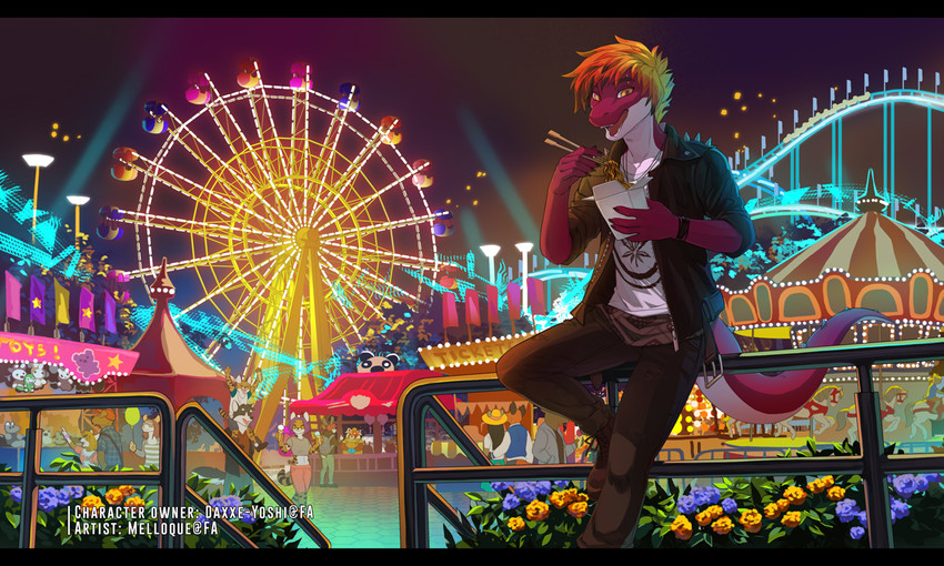 alternative_fashion amusement_park amusement_ride anthro black_bars carousel clothed clothing cyberpunk detailed_background eyebrow_piercing facial_piercing ferris_wheel food happy jacket leaf leaning leather leather_clothing leather_jacket leather_topwear male night noodles outside piercing punk ramen smile solo standing ticket_booth topwear melloque daxxe_(character) dinosaur lizard prehistoric_species reptile scalie 2020 5:3 digital_media_(artwork) letterbox portrait three-quarter_portrait