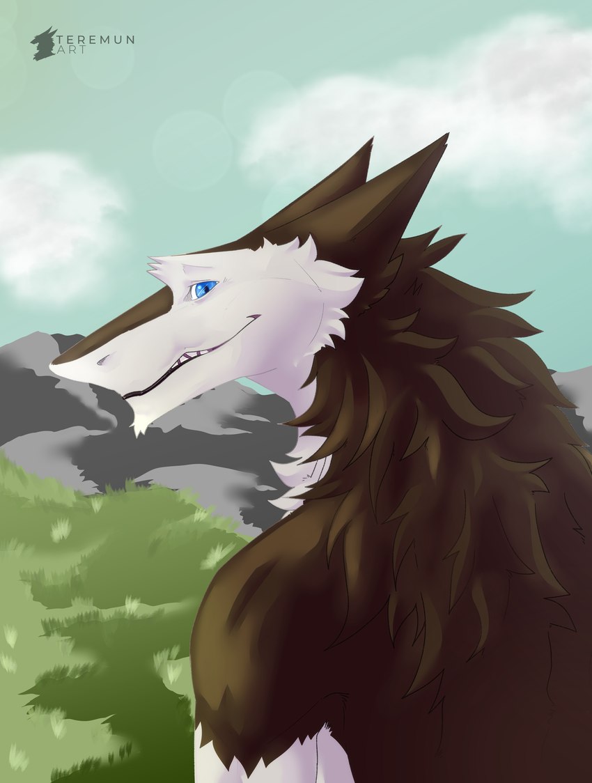 anthro fur hair looking_at_viewer male mane rear_view simple_background smile solo conditional_dnp teremunart unknown_character sergal absurd_res hi_res