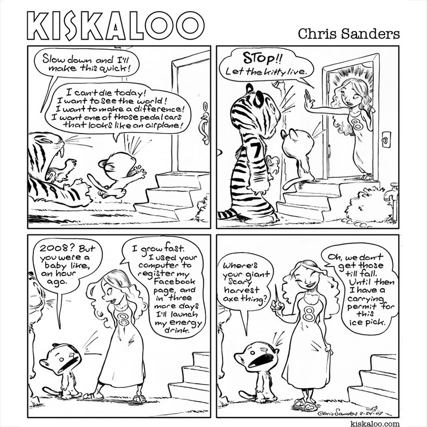 ambiguous_gender anthro clothing dialogue door dress female group hair ice_pick plant running shrub speech_bubble stairs text toony trio chris_sanders kiskaloo 2007_(kiskaloo) 2008_(kiskaloo) ogo_(kiskaloo) domestic_cat felid feline felis human mammal pantherine tiger 1:1 2008 comic english_text monochrome url