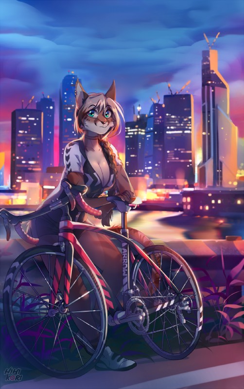 anthro bicycle braided_hair breasts building city cleavage clothed clothing detailed_background ear_piercing female hair looking_at_viewer outside piercing skyline skyscraper smile solo standing vehicle hihikori tyskha felid mammal 2018 digital_media_(artwork) hi_res signature