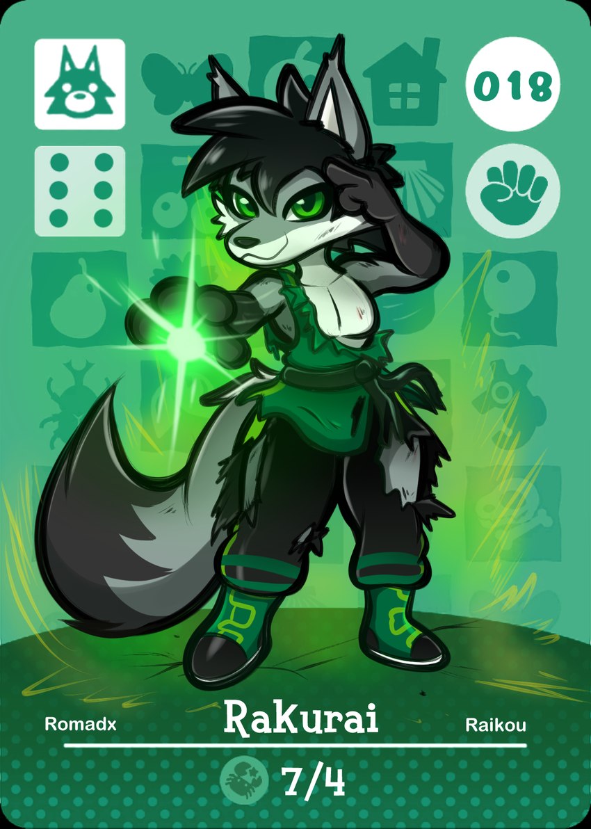 amiibo_card anthro black_hair bottomwear card clothing footwear green_eyes grey_body hair male pants shoes solo arturfox rakurai_senku_(raikoukitsune) canid canine canis mammal wolf hi_res