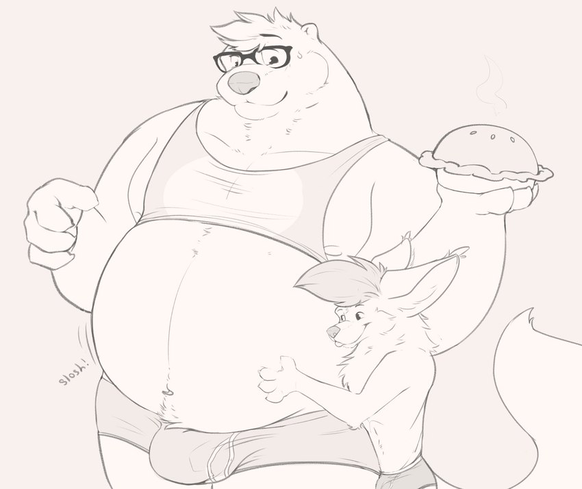 4_fingers anthro belly belly_rub big_belly big_bulge biped blep bulge burger clothing duo eyewear fingers food fur glasses hair holding_burger holding_food holding_object larger_anthro larger_male looking_at_another looking_at_belly male moobs navel obese obese_anthro obese_male onomatopoeia overweight overweight_anthro overweight_male size_difference sloshing_belly smaller_anthro smaller_male smile sound_effects standing tail text thick_thighs tongue tongue_out topwear underwear vest mosin atimist mosin_(character) canid canine fox mammal mustelid otter 2021 digital_drawing_(artwork) digital_media_(artwork) greyscale hi_res monochrome