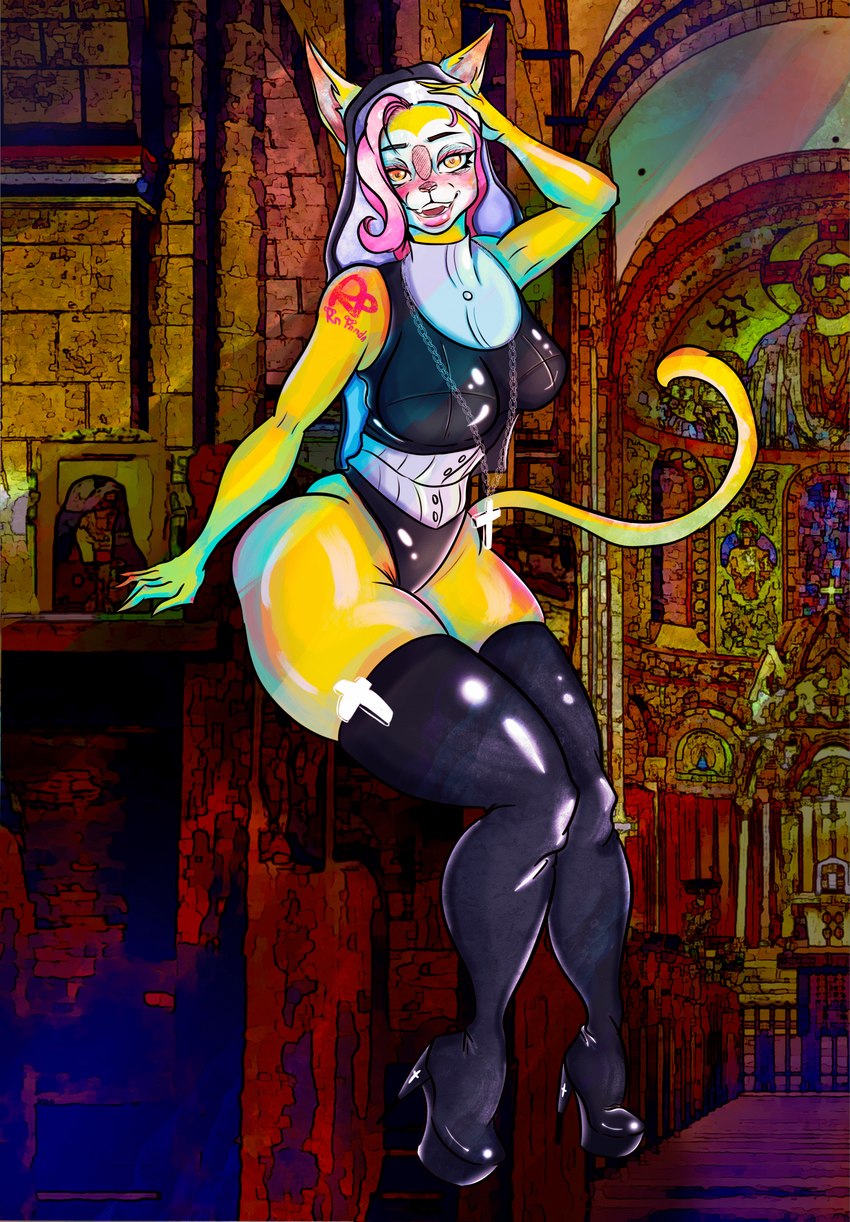 anthro big_breasts blush bookshelf breasts city clothing colored_skin female furniture hair latex legwear library looking_at_viewer navel nun pink_hair solo tail thick_thighs thigh_highs rnpanda super_fuck_friends monique_pussycat domestic_cat felid feline felis mammal hi_res