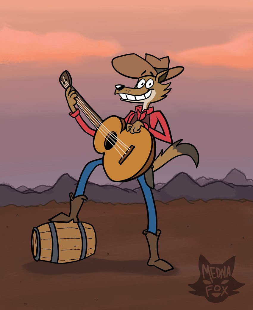 anthro barrel boots clothed clothing cowboy cowboy_boots cowboy_hat cowboy_outfit desert footwear grin guitar hat headgear headwear male musical_instrument plucked_string_instrument shoes smile solo step_pose string_instrument mednafox coy_coyote_(mednafox) canid canine canis coyote mammal absurd_res hi_res