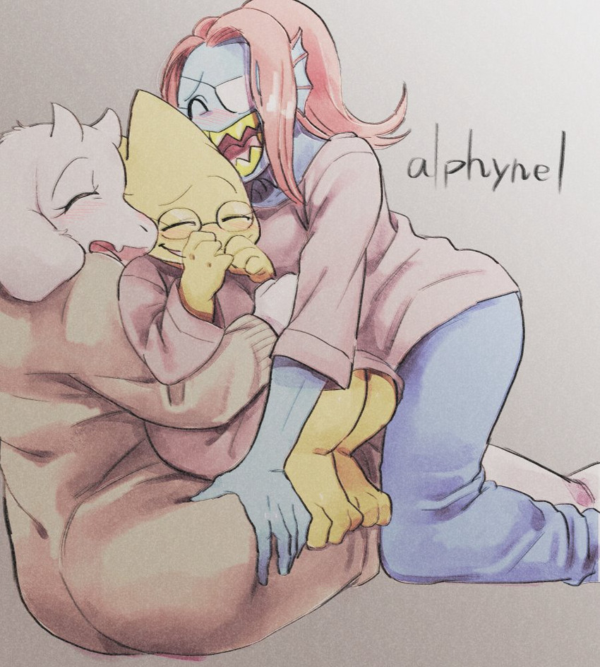 anthro blush eye_patch eyes_closed eyewear female group group_hug hug hugging_another mature_anthro mature_female open_mouth open_smile polyamory romantic romantic_ambiance romantic_polycule smile under10mato undertale undertale_(series) alphys toriel undyne animal_humanoid boss_monster_(undertale) bovid caprine fish fish_humanoid goat humanoid mammal marine marine_humanoid reptile scalie