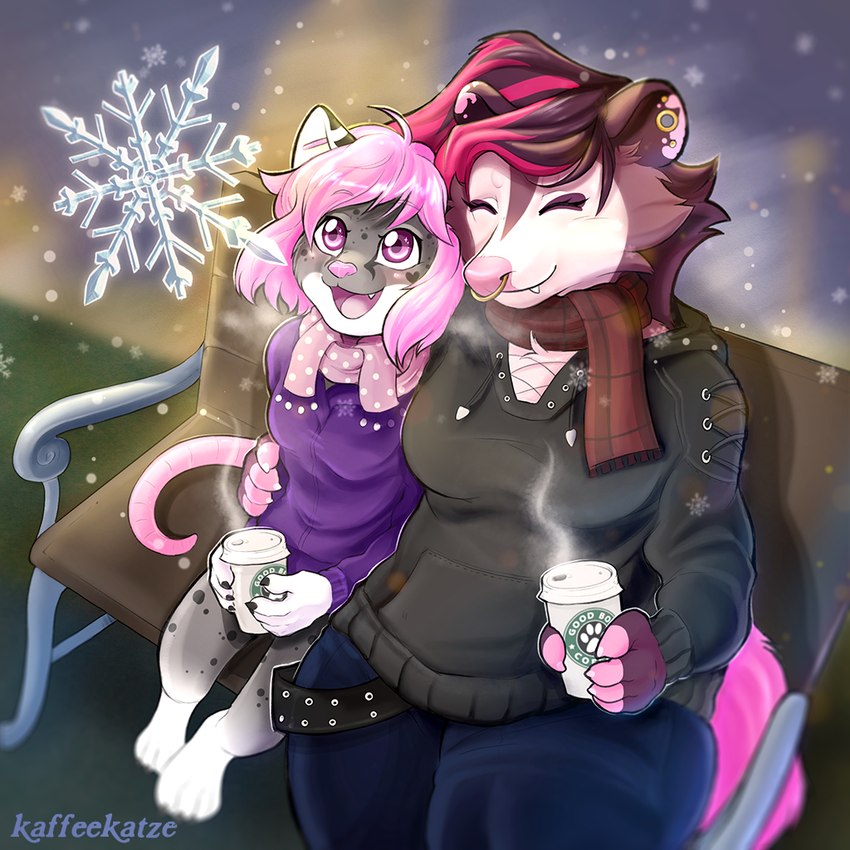 anthro beverage coffee coffee_cup container cup duo ear_piercing ear_ring eyes_closed facial_piercing fascinated female female/female hair happy hug nose_piercing nose_ring piercing pink_hair ring_piercing scarf sitting snowflake winter winter_clothing kaffeekatze fynnley_(character) melanie_(catdoesboom) american_opossum domestic_cat felid feline felis mammal marsupial mixed_breed savannah_cat 1:1